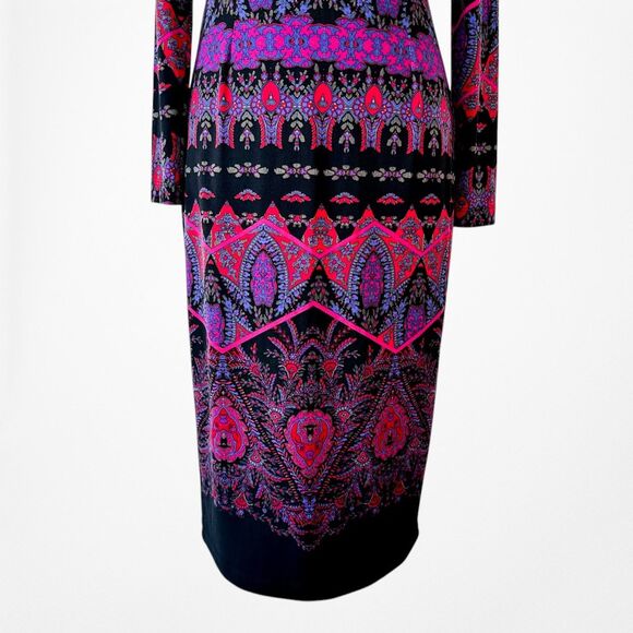 Vintage Y2K Black Purple Long Sleeve Knit Bodycon Tribal Print Dress Size M - Picture 8 of 8
